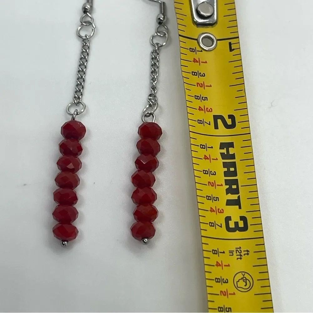 Hand Crafted Red Crystal With Chain Earrings Set NWT